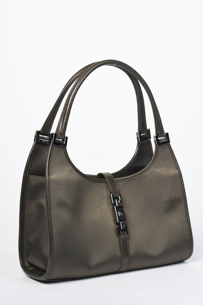 2000s Gucci Khaki Silk Jackie Shoulder Bag