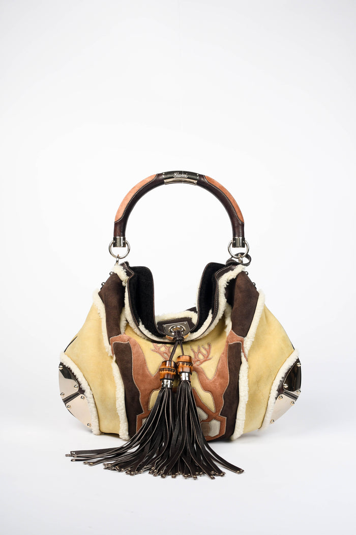 Vintage Gucci Patchwork Shearling and Suede Indy Tassel Shoulder Bag