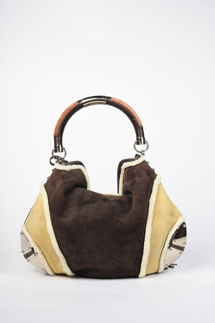 Vintage Gucci Patchwork Shearling and Suede Indy Tassel Shoulder Bag