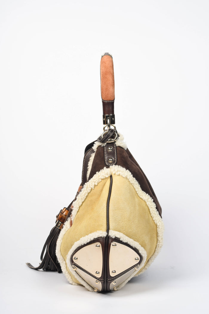 Vintage Gucci Patchwork Shearling and Suede Indy Tassel Shoulder Bag