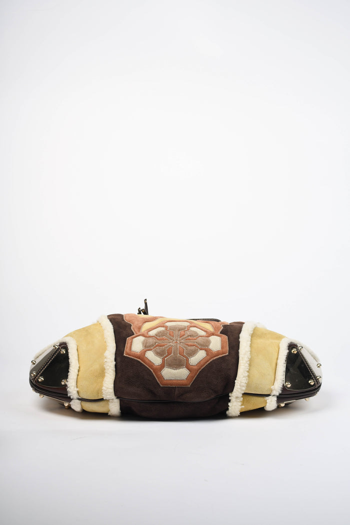 Vintage Gucci Patchwork Shearling and Suede Indy Tassel Shoulder Bag