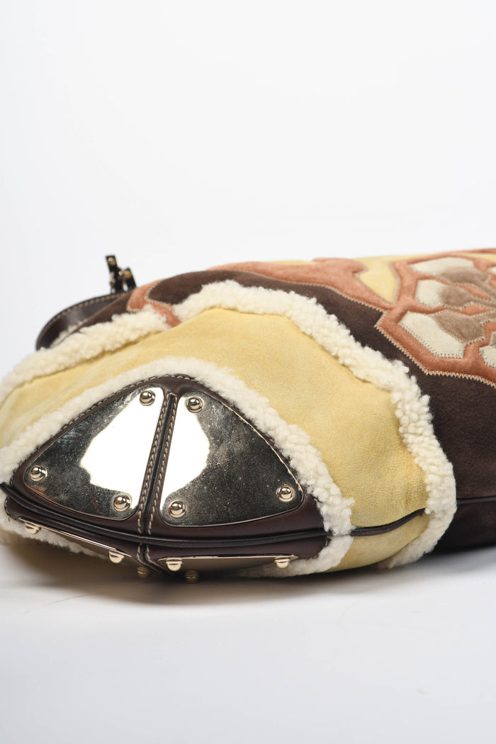 Vintage Gucci Patchwork Shearling and Suede Indy Tassel Shoulder Bag