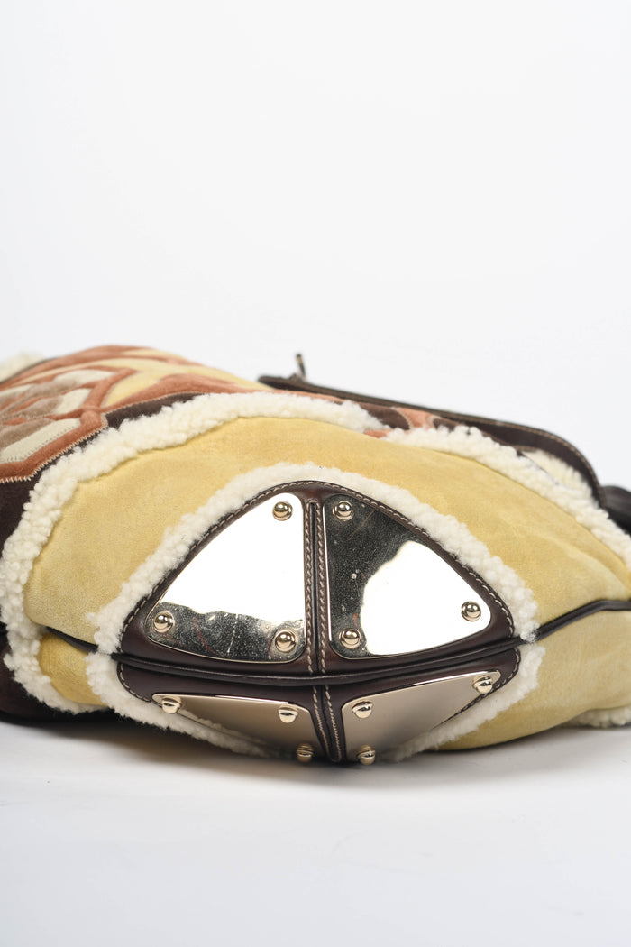 Vintage Gucci Patchwork Shearling and Suede Indy Tassel Shoulder Bag