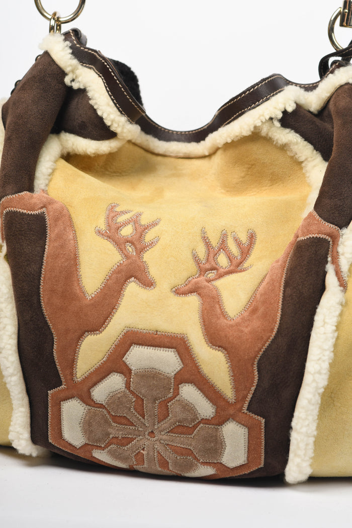 Vintage Gucci Patchwork Shearling and Suede Indy Tassel Shoulder Bag