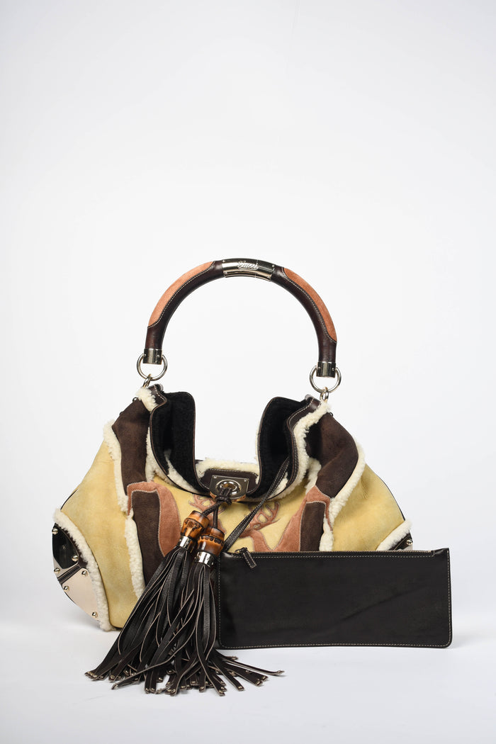 Vintage Gucci Patchwork Shearling and Suede Indy Tassel Shoulder Bag