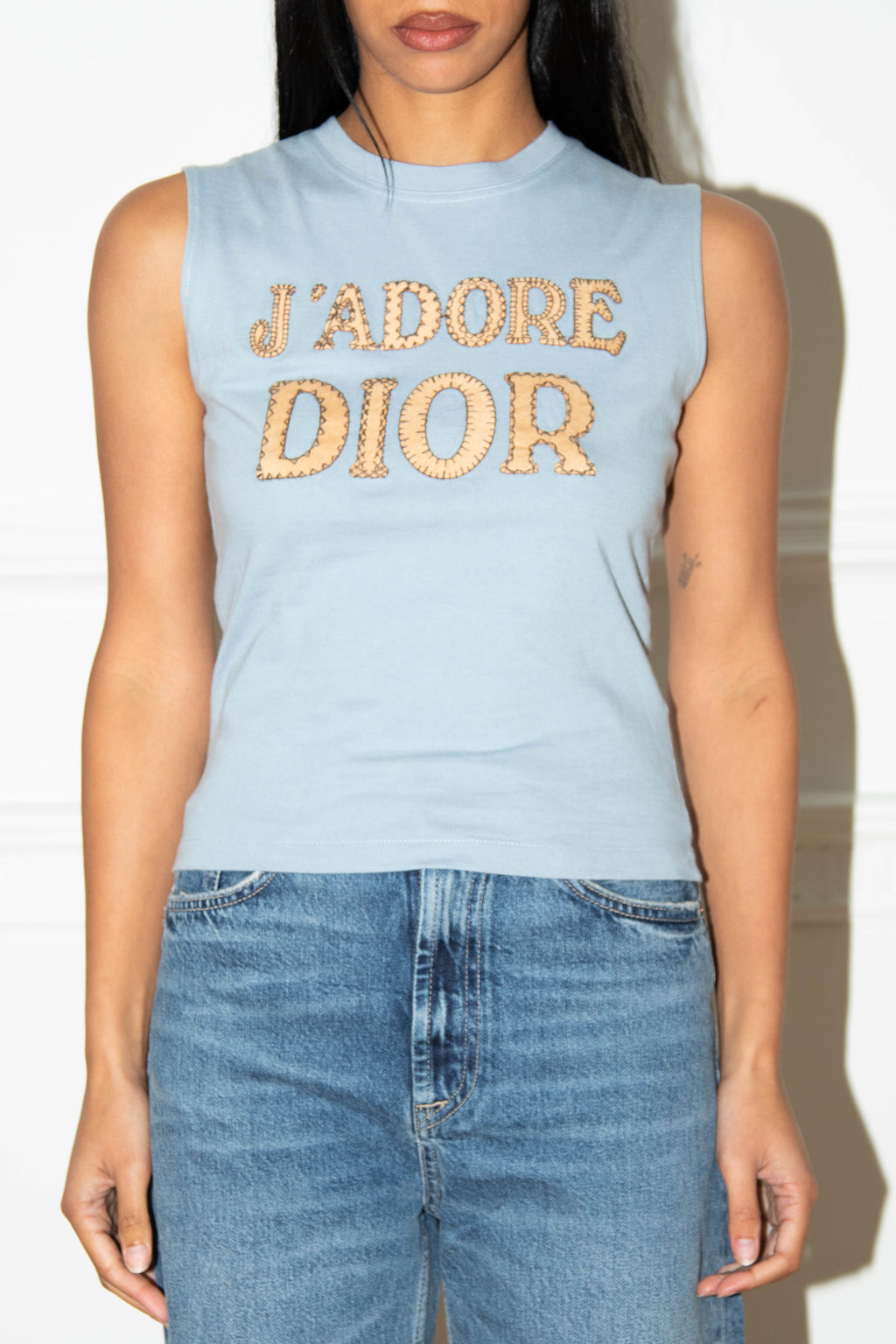 2000s Christian Dior Blue Blanket Stitch "J'adore Dior" Tank Top