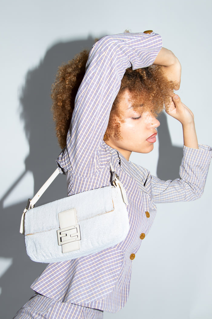 Vintage Fendi White Beaded Baguette Shoulder Bag