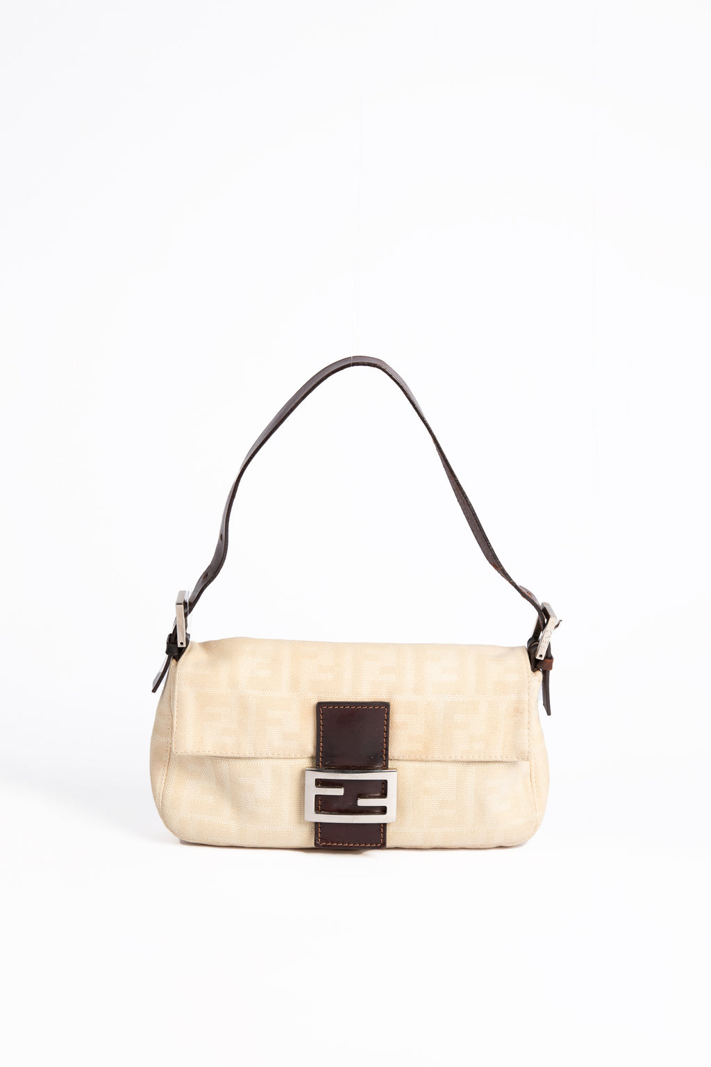 Vintage Fendi Cream Canvas Zucca Baguette Shoulder Bag