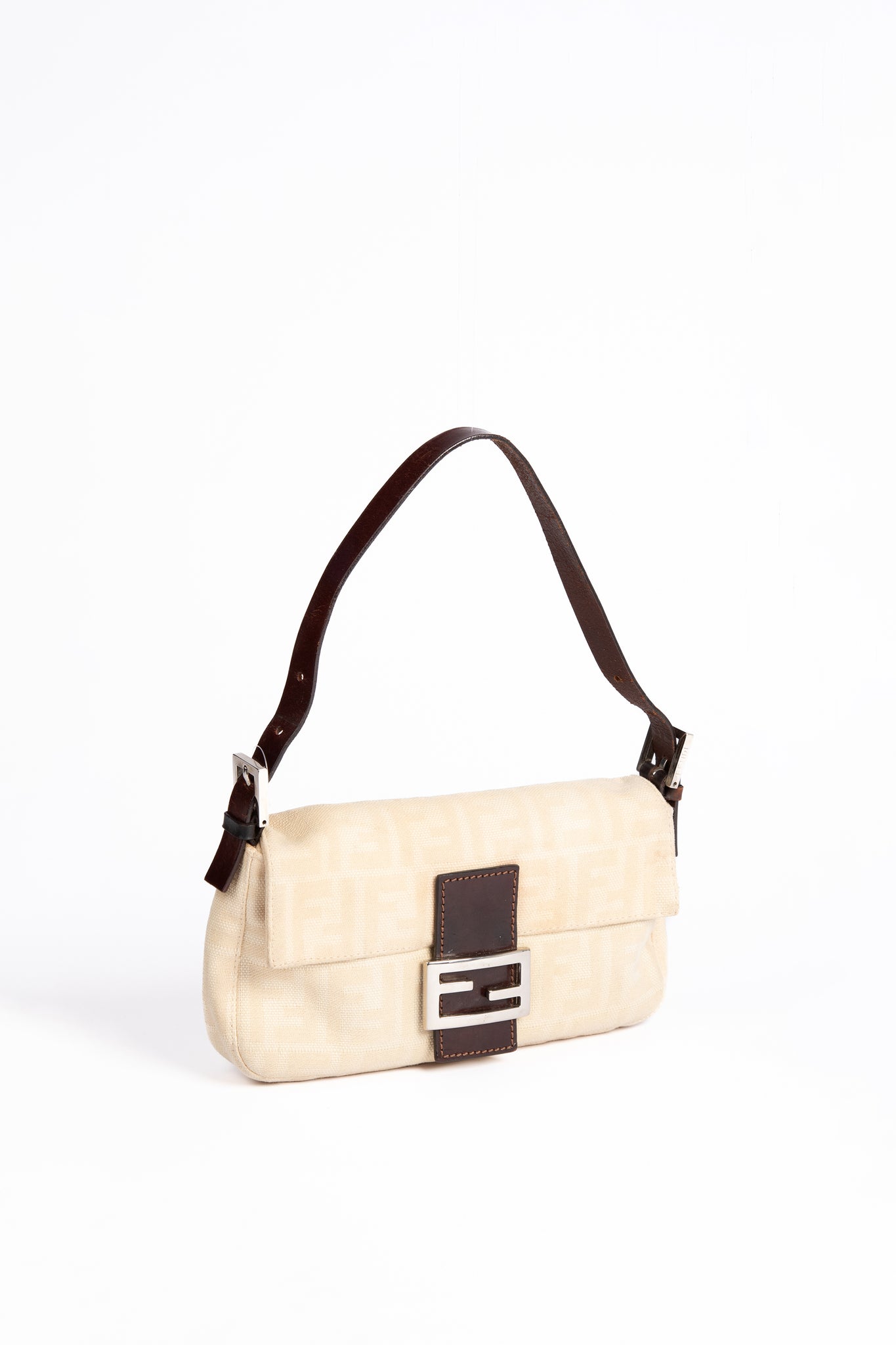 Vintage Fendi Cream Canvas Zucca Baguette Shoulder Bag