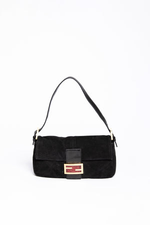 Vintage Fendi Black Suede Baguette Shoulder Bag