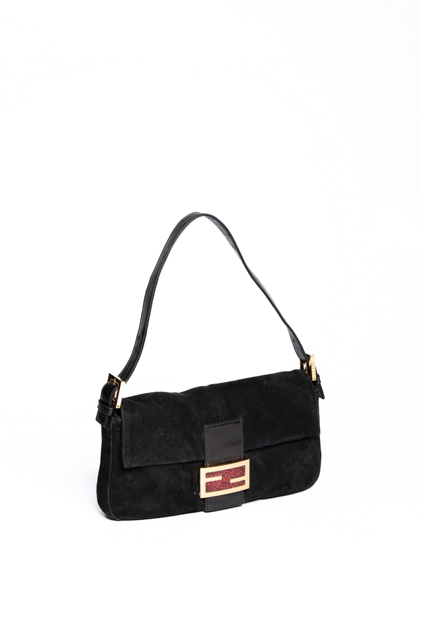 Vintage Fendi Black Suede Baguette Shoulder Bag