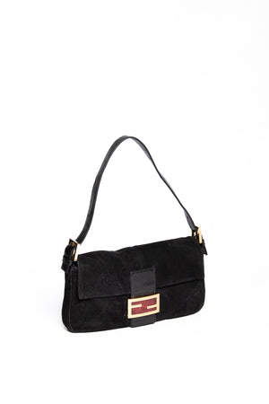 Vintage Fendi Black Suede Baguette Shoulder Bag