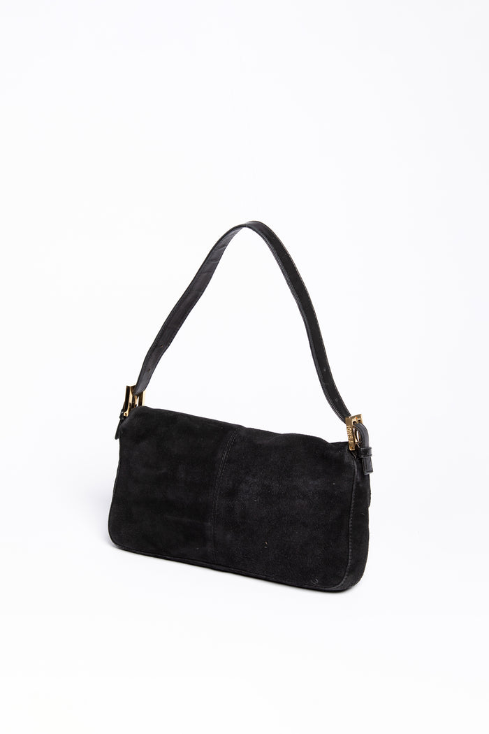 Vintage Fendi Black Suede Baguette Shoulder Bag