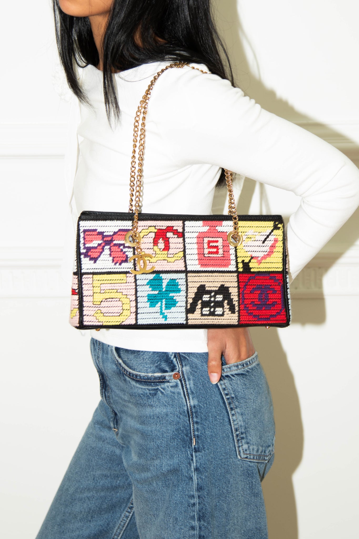 2000s Chanel Embroidered Multicolour Icon Shoulder Bag