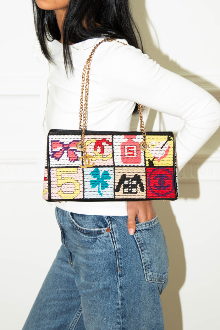 2000s Chanel Embroidered Multicolour Icon Shoulder Bag