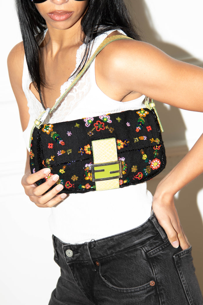 RARE Fendi Black Linen Beaded Baguette Shoulder Bag