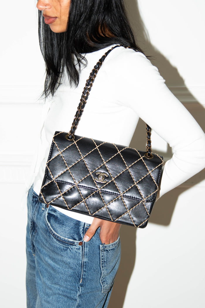 2000s Chanel Black Leather Wild Stitch Shoulder Bag