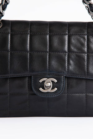 2000s Chanel Black Leather Chocolate Bar Shoulder Bag