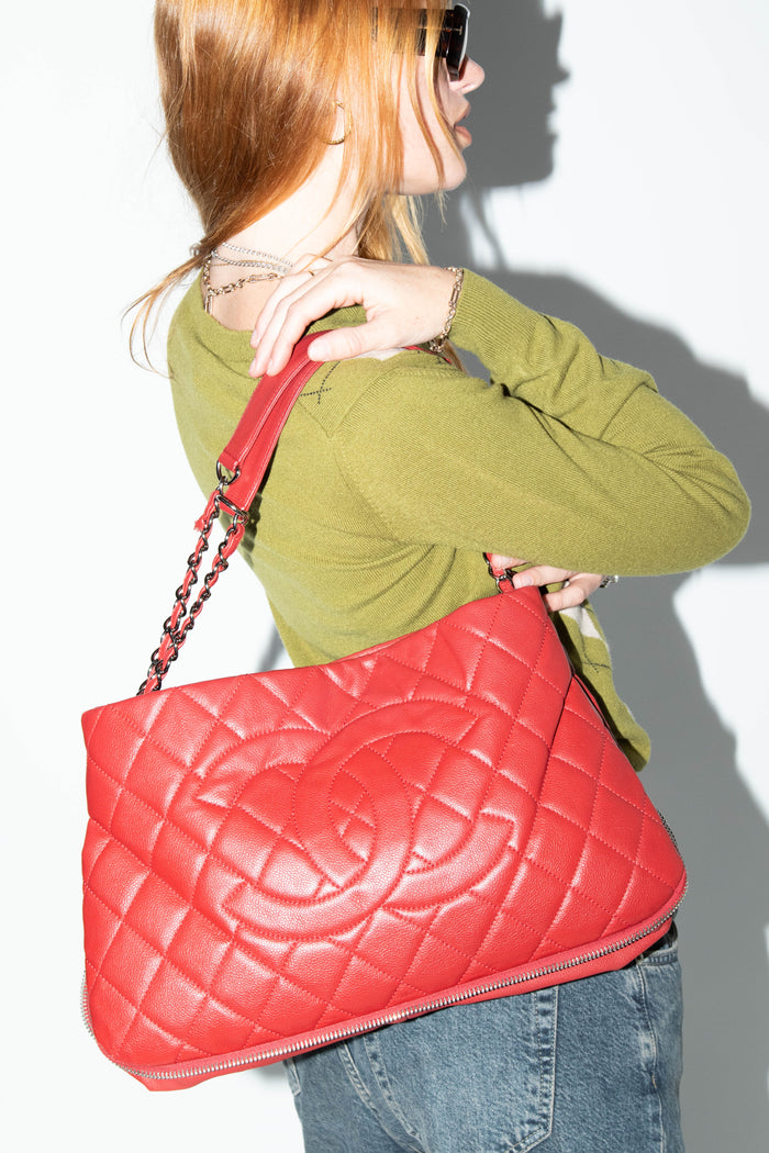 2010s Chanel Red Caviar Leather CC Tote Bag