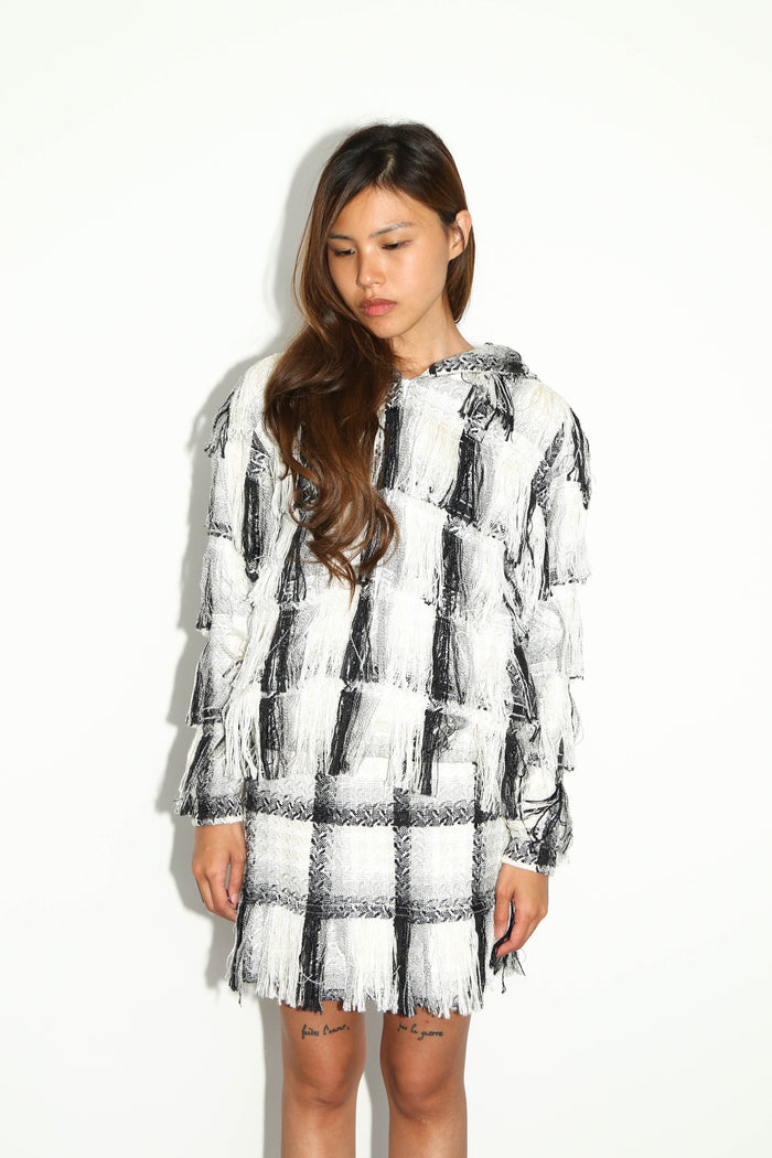 2000s Chanel Black & White Fringe Tweed Jacket and Skirt Set FR36