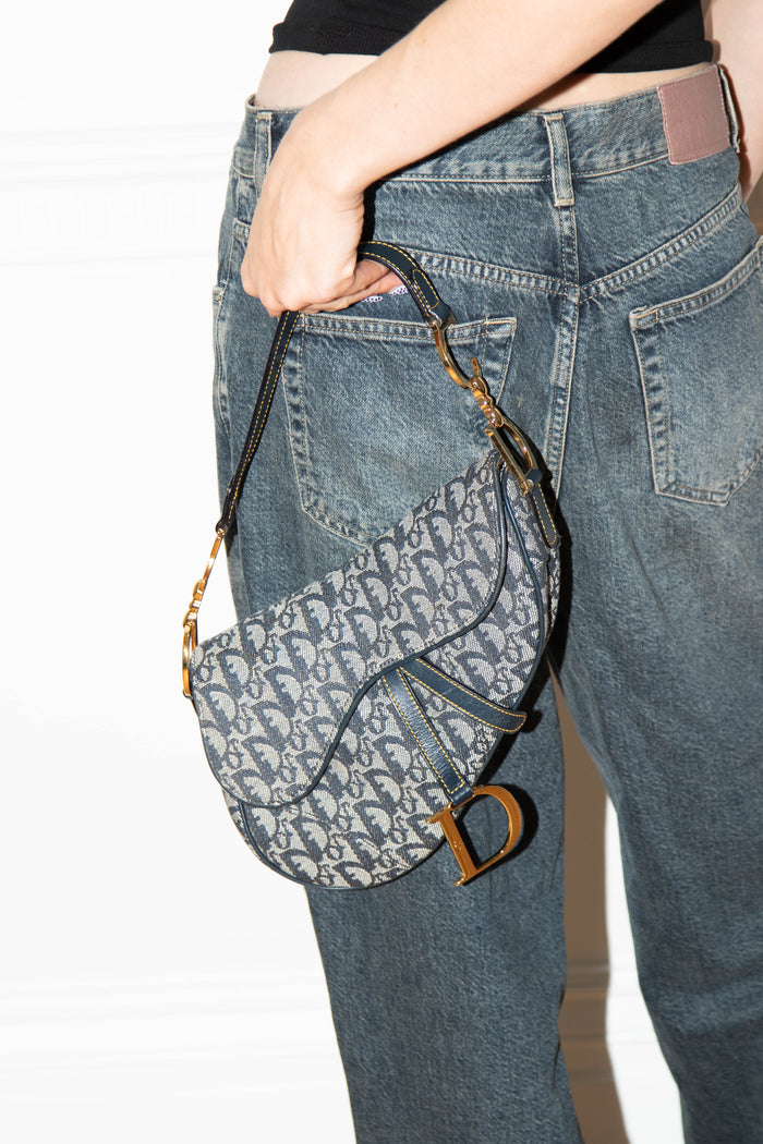 Vintage Christian Dior Navy Monogram Saddle Shoulder Bag