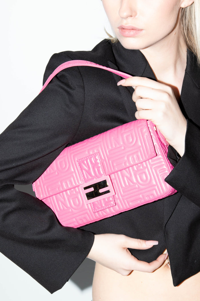 RARE Fendi Pink Nappa Leather Embossed Baguette Shoulder Bag