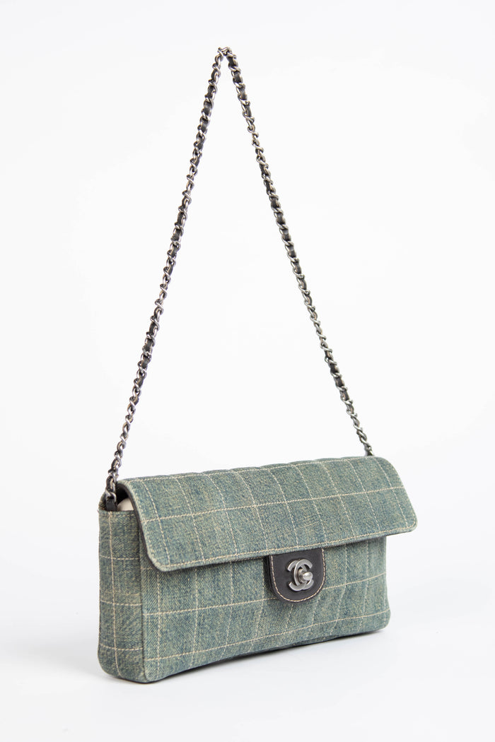 Vintage Chanel Denim Chocolate Bar East West Single Flap Shoulder Bag