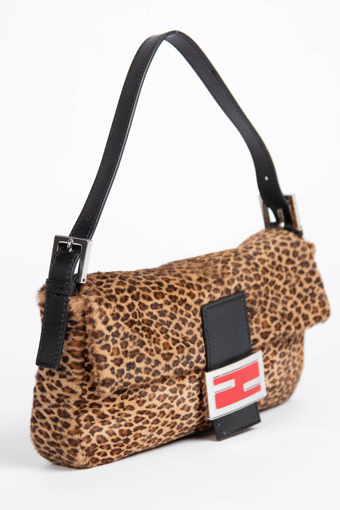 Vintage Fendi Leopard Print Pony Hair Baguette Shoulder Bag