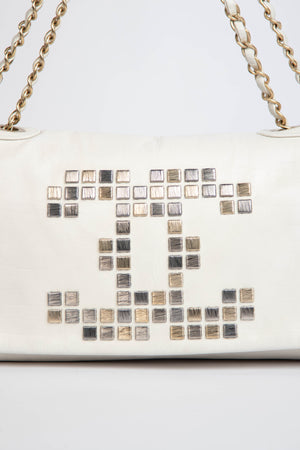 2000s Chanel White Mosaic East West Single Flap Shoulder Bag