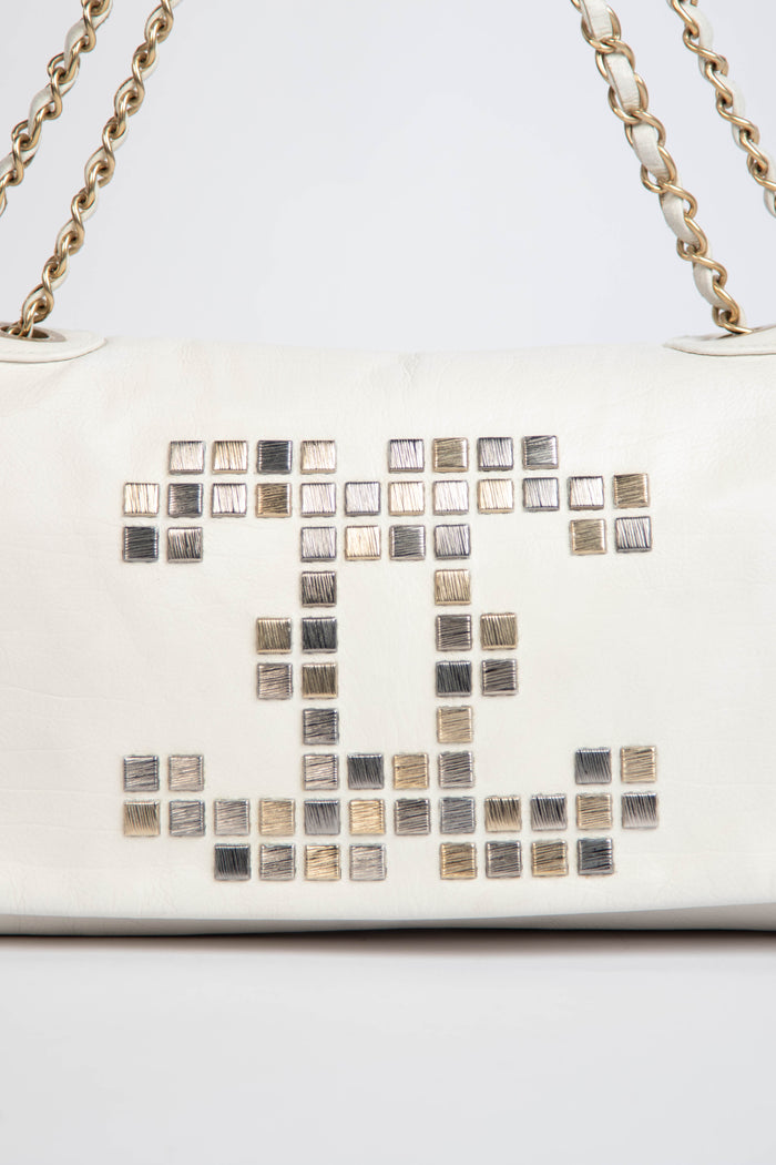 2000s Chanel White Mosaic East West Single Flap Shoulder Bag