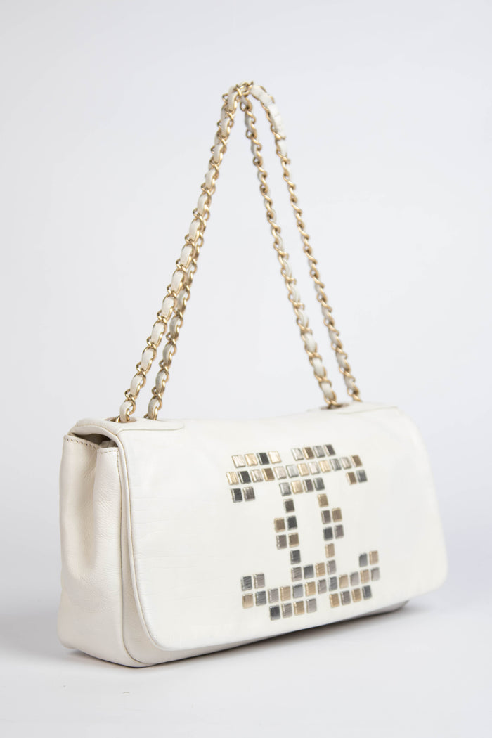2000s Chanel White Mosaic East West Single Flap Shoulder Bag