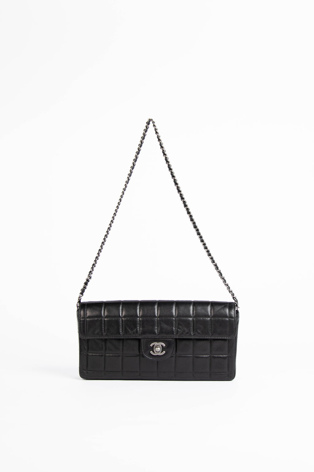 2000s Chanel Black Lambskin Chocolate Bar East West Shoulder Bag