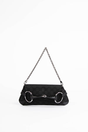 RARE Vintage Gucci Black GG Monogram Horsebit Shoulder Bag