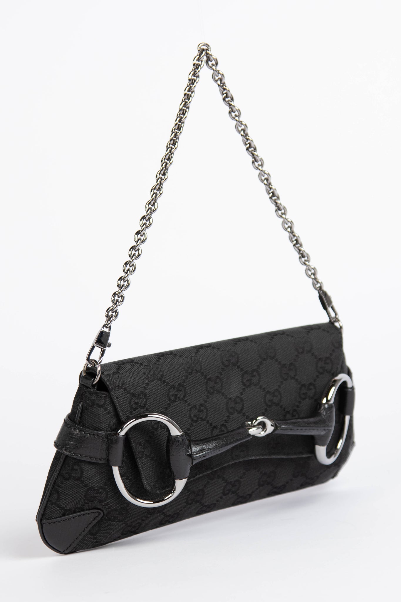 RARE Vintage Gucci Black GG Monogram Horsebit Shoulder Bag
