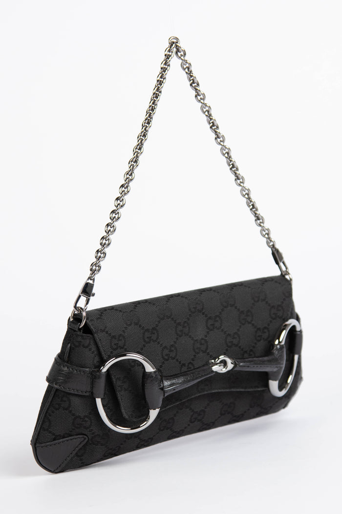 RARE Vintage Gucci Black GG Monogram Horsebit Shoulder Bag