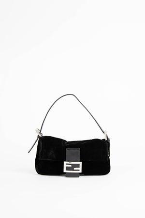 RARE Fendi Black Velvet Embellished Baguette Shoulder Bag