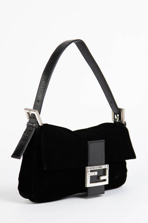 RARE Fendi Black Velvet Embellished Baguette Shoulder Bag