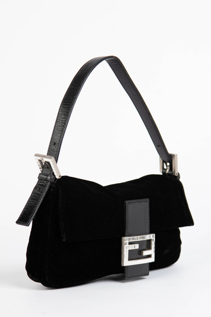 RARE Fendi Black Velvet Embellished Baguette Shoulder Bag