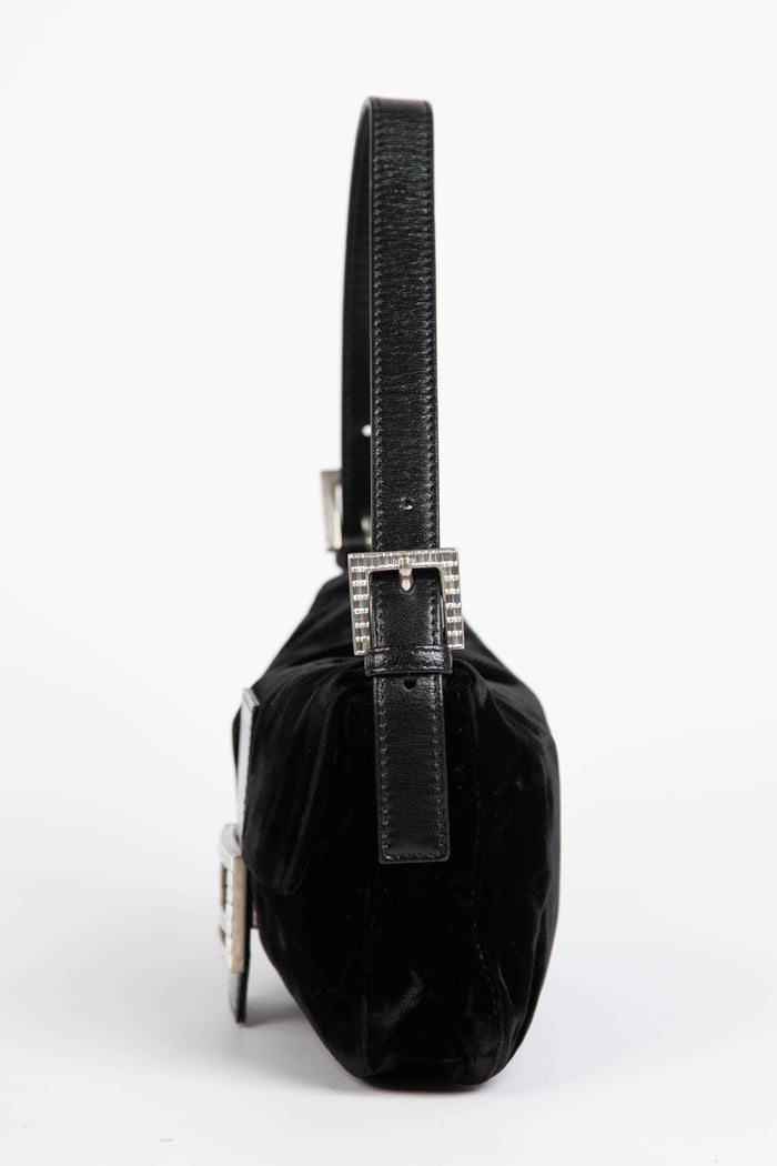RARE Fendi Black Velvet Embellished Baguette Shoulder Bag
