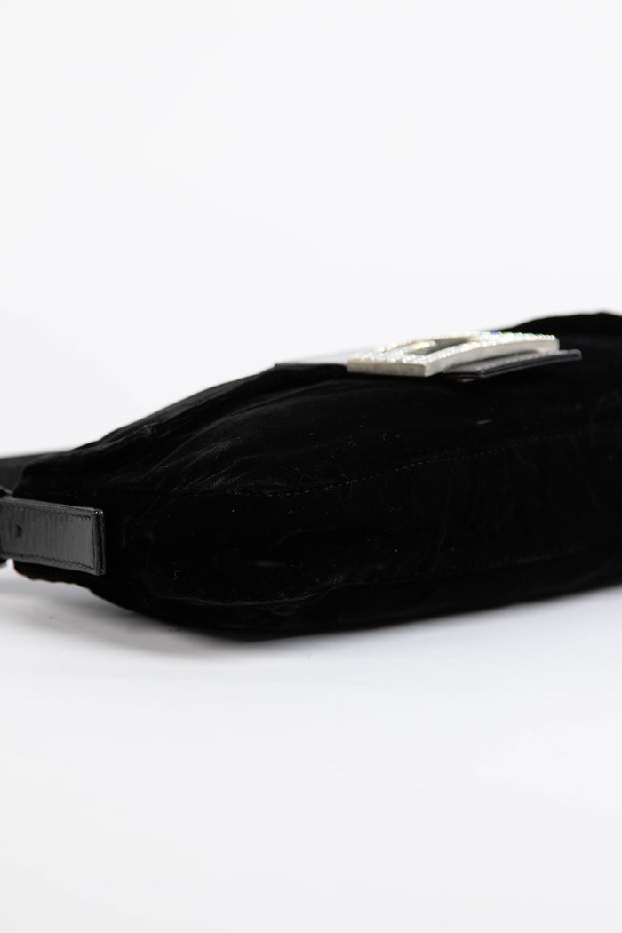 RARE Fendi Black Velvet Embellished Baguette Shoulder Bag