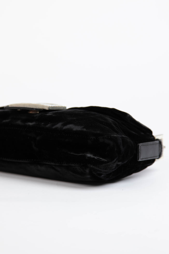 RARE Fendi Black Velvet Embellished Baguette Shoulder Bag
