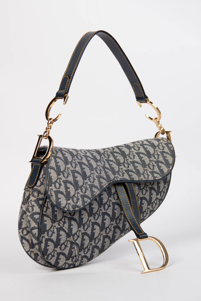 Vintage Christian Dior Navy Monogram Saddle Shoulder Bag