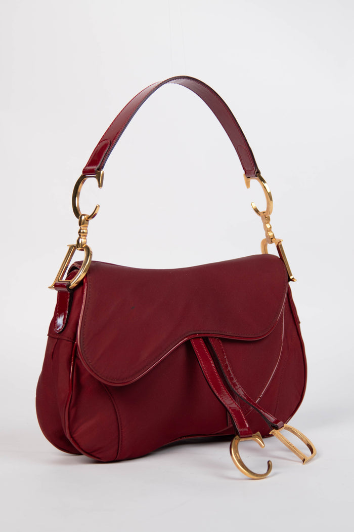 Vintage Christian Dior Burgundy Nylon Double Saddle Bag