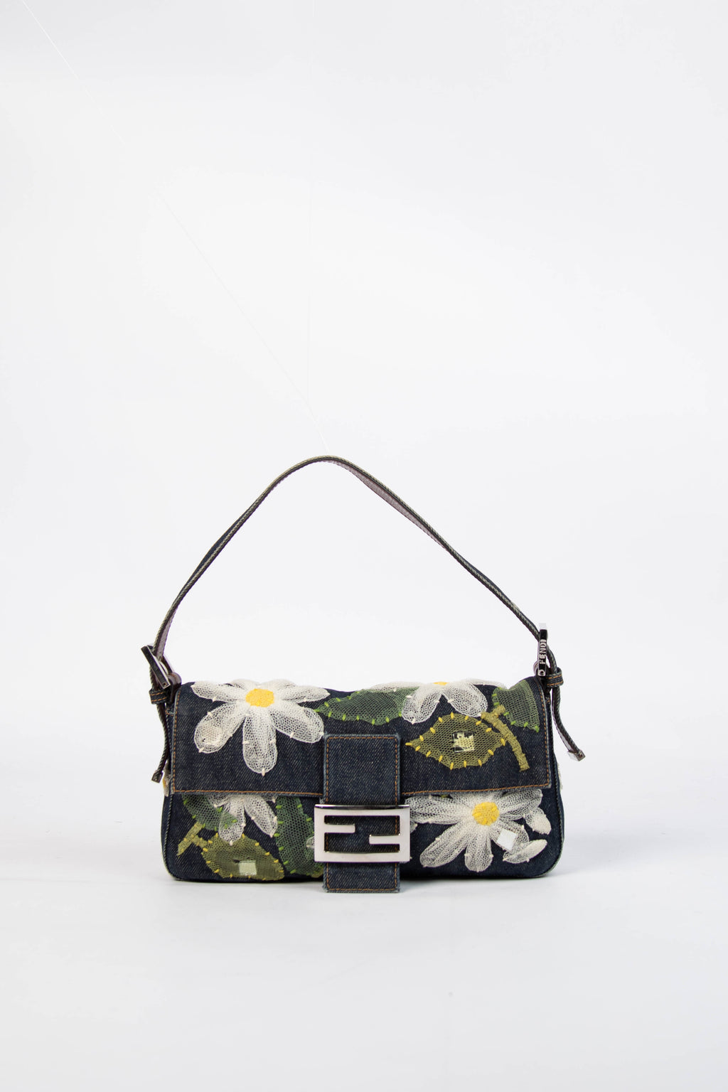 Vintage Fendi Denim Baguette with Mesh Flower Appliqué