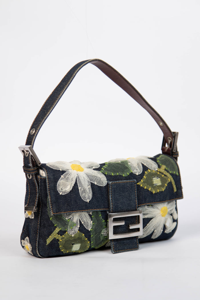 Vintage Fendi Denim Baguette with Mesh Flower Appliqué