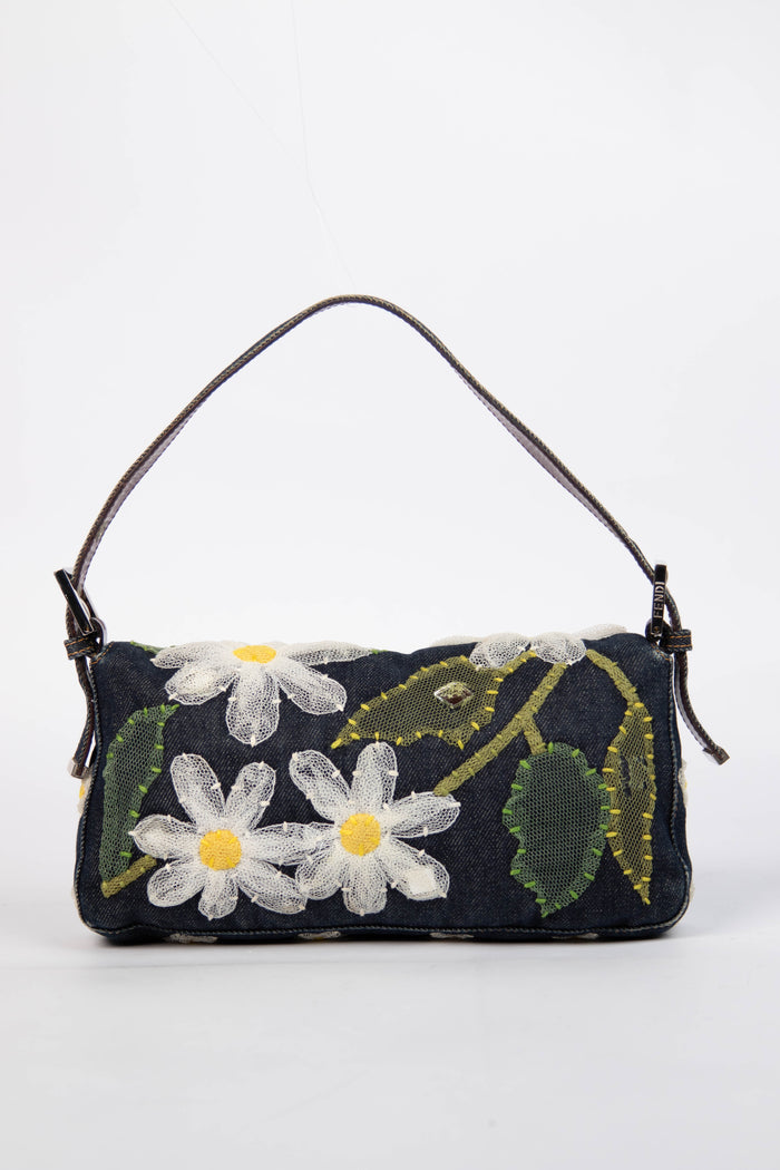 Vintage Fendi Denim Baguette with Mesh Flower Appliqué