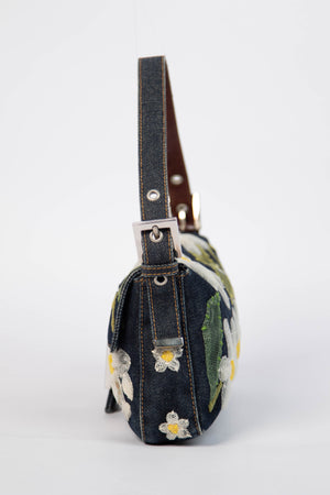 Vintage Fendi Denim Baguette with Mesh Flower Appliqué