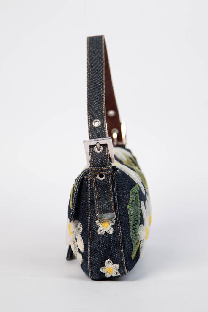Vintage Fendi Denim Baguette with Mesh Flower Appliqué