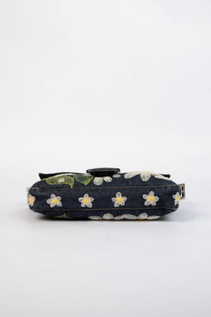 Vintage Fendi Denim Baguette with Mesh Flower Appliqué