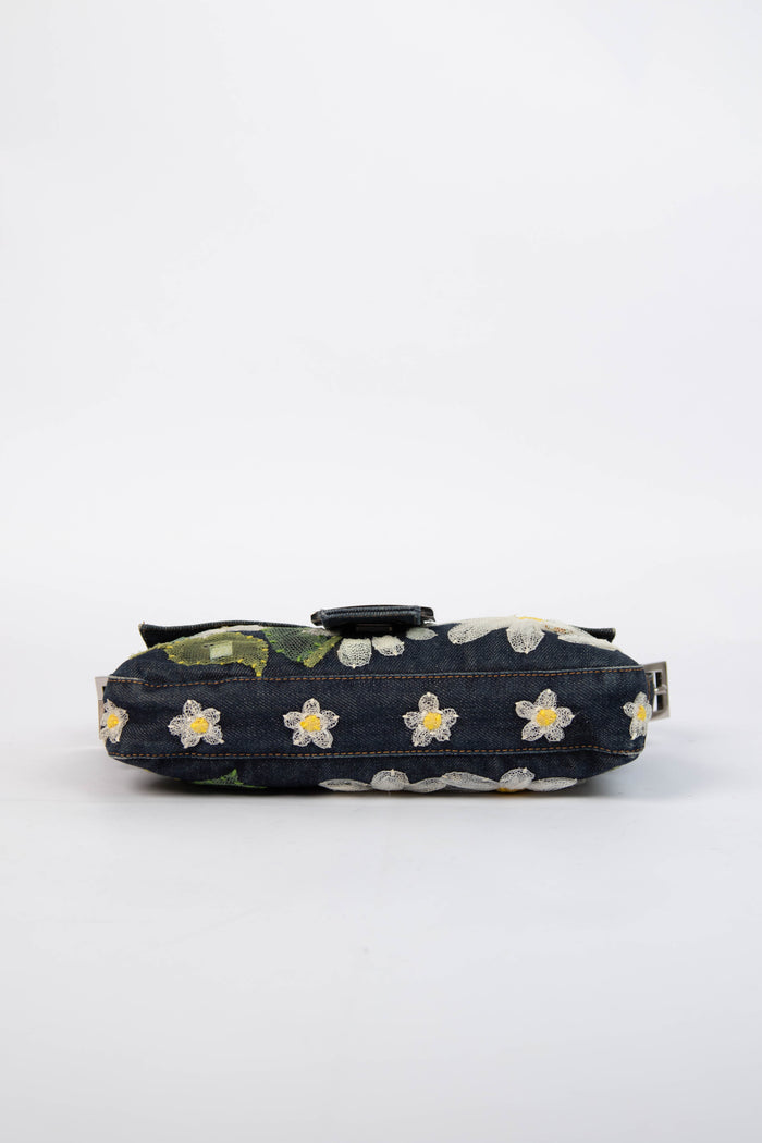 Vintage Fendi Denim Baguette with Mesh Flower Appliqué